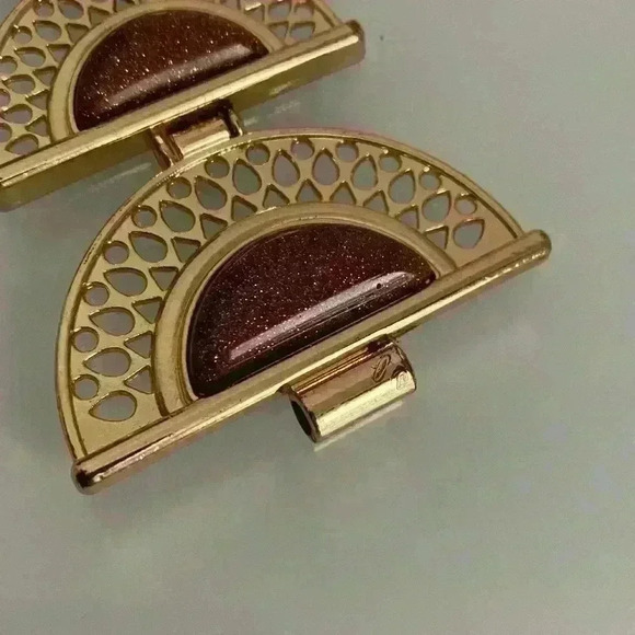 Half Crescent Pendant in Faux Gold with Faux Taupe Glitter Stones Vintage - Picture 4 of 6